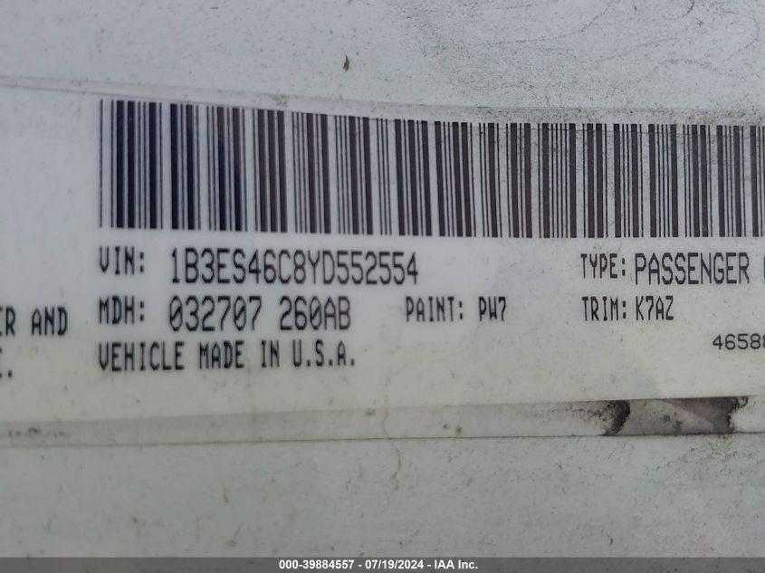 2000 Dodge Neon Highline VIN: 1B3ES46C8YD552554 Lot: 39884557