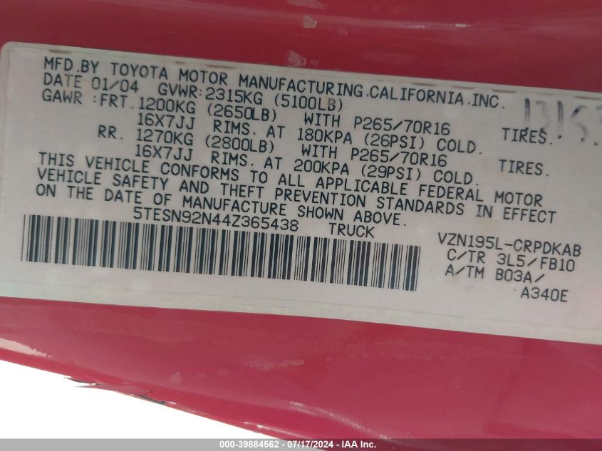 2004 Toyota Tacoma Xtracab Prerunner VIN: 5TESN92N44Z365438 Lot: 39884562
