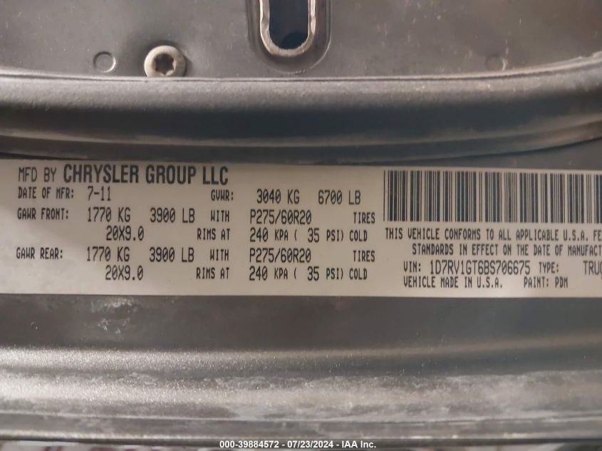 2011 Ram Ram 1500 Slt VIN: 1D7RV1GT6BS706675 Lot: 39884572