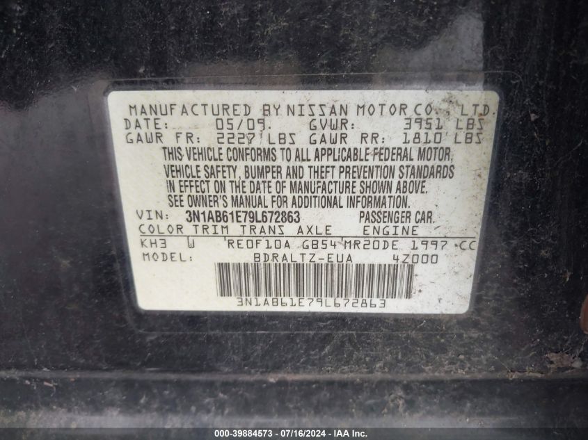 2009 Nissan Sentra 2.0S VIN: 3N1AB61E79L672863 Lot: 39884573