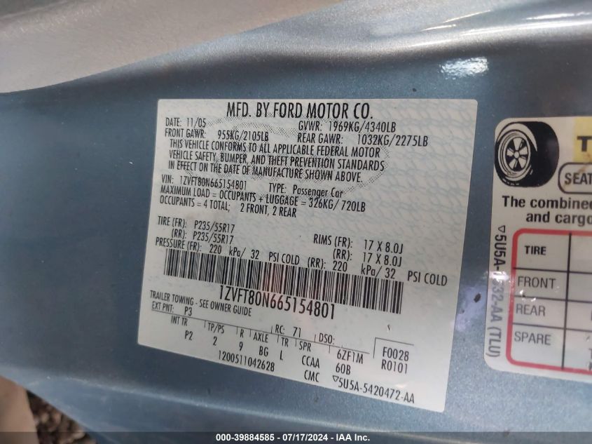 2006 Ford Mustang VIN: 1ZVFT80N665154801 Lot: 39884585