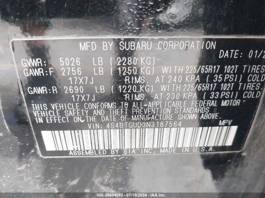 2022 SUBARU OUTBACK WILDERNESS - 4S4BTGUD3N3187564