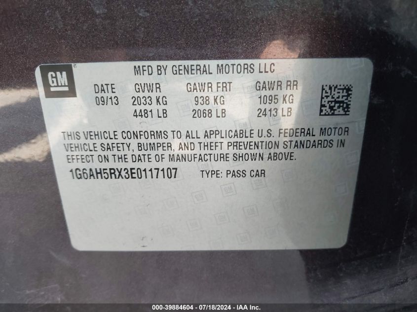 2014 Cadillac Ats Luxury VIN: 1G6AH5RX3E0117107 Lot: 39884604