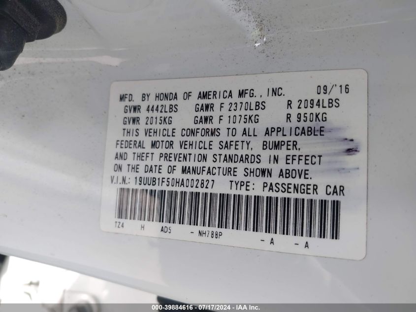 2017 Acura Tlx Technology Package VIN: 19UUB1F50HA002827 Lot: 39884616