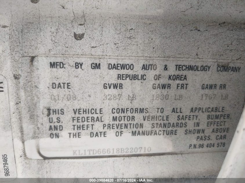 2008 Chevrolet Aveo 5 Ls VIN: KL1TD66618B220710 Lot: 39884620
