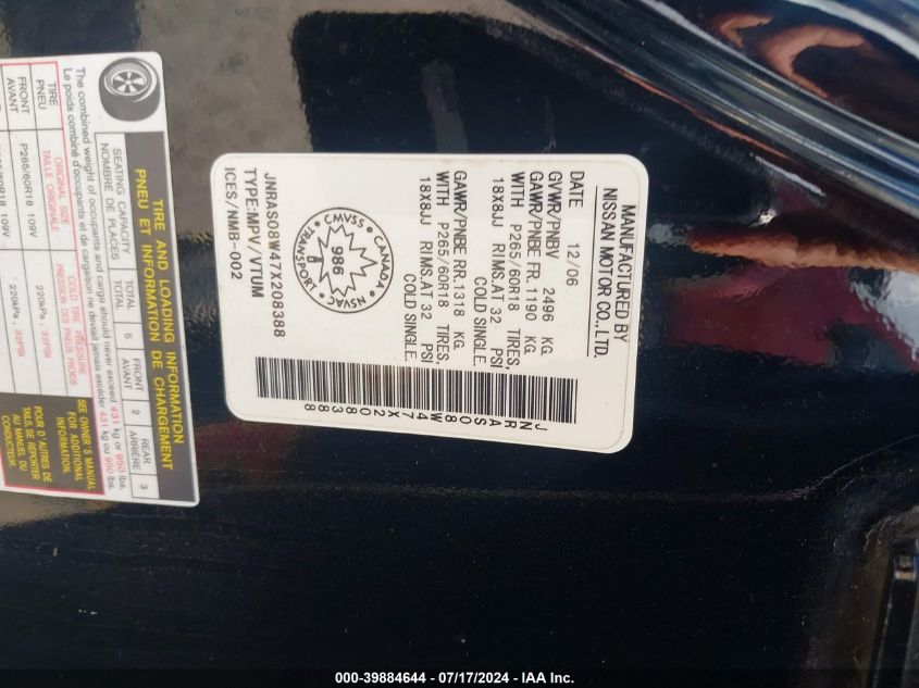 2007 Infiniti Fx35 VIN: JNRAS08W47X208388 Lot: 39884644