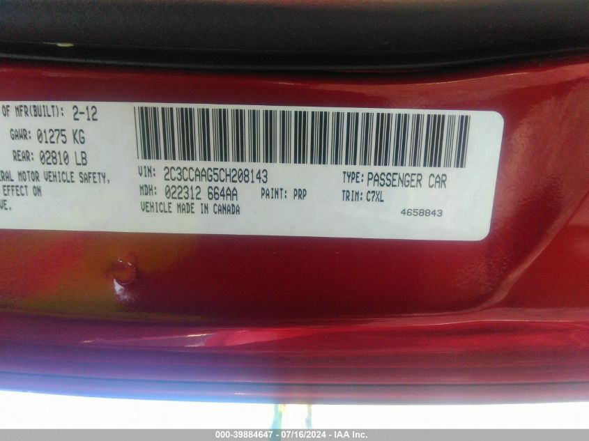 2012 Chrysler 300 VIN: 2C3CCAAG5CH208143 Lot: 39884647