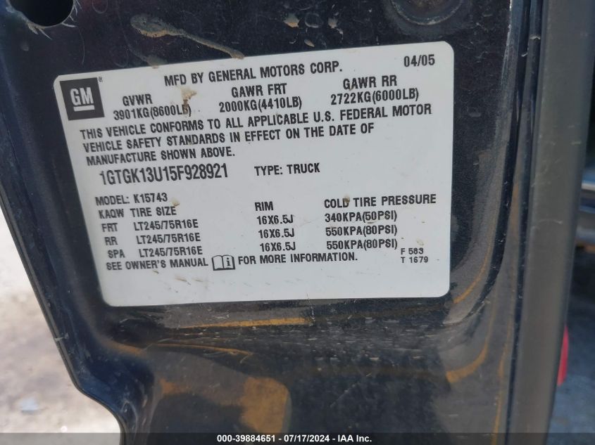 2005 GMC Sierra 1500Hd Slt VIN: 1GTGK13U15F928921 Lot: 39884651