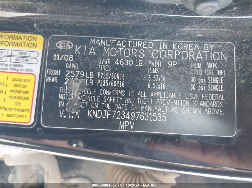 2009 Kia Sportage Lx V6 VIN: KNDJF723497631535 Lot: 39884657