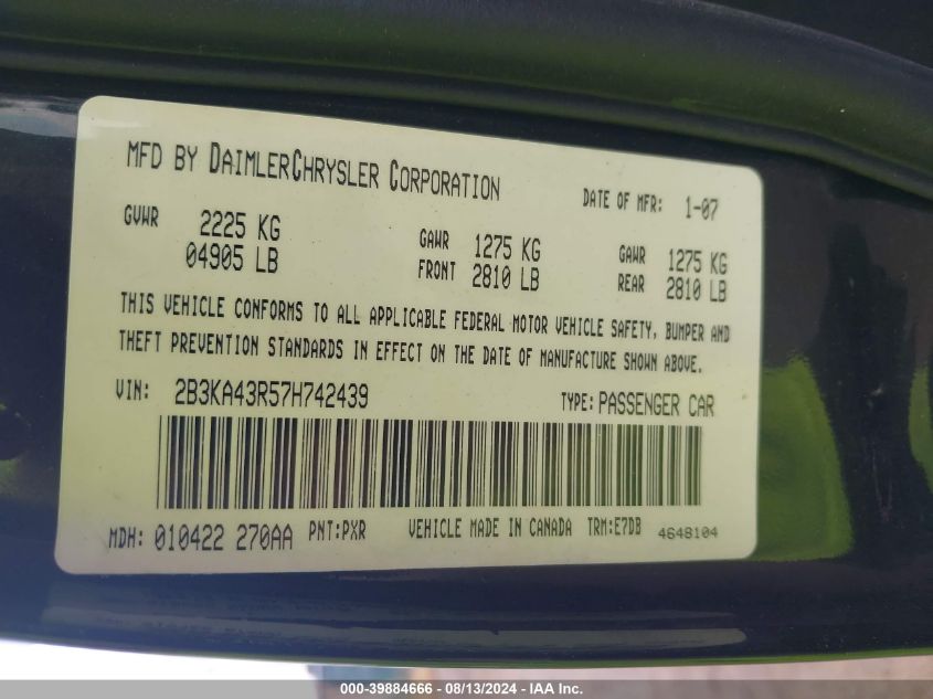 2007 Dodge Charger VIN: 2B3KA43R57H742439 Lot: 39884666