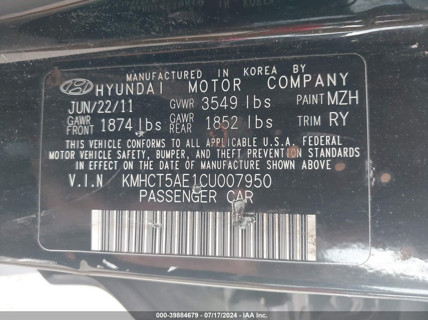 2012 Hyundai Accent Gls/Gs VIN: KMHCT5AE1CU007950 Lot: 39884679