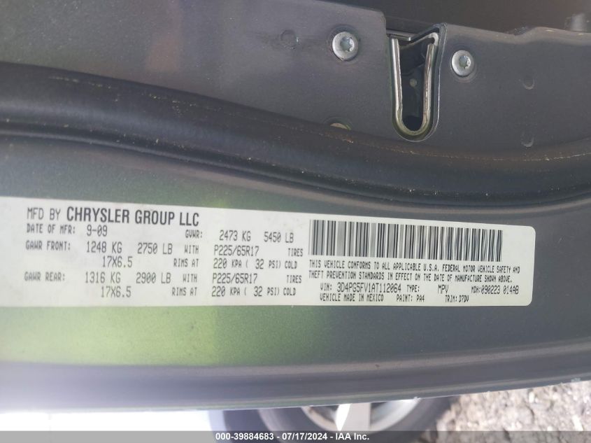 2010 Dodge Journey Sxt VIN: 3D4PG5FV1AT112064 Lot: 39884683