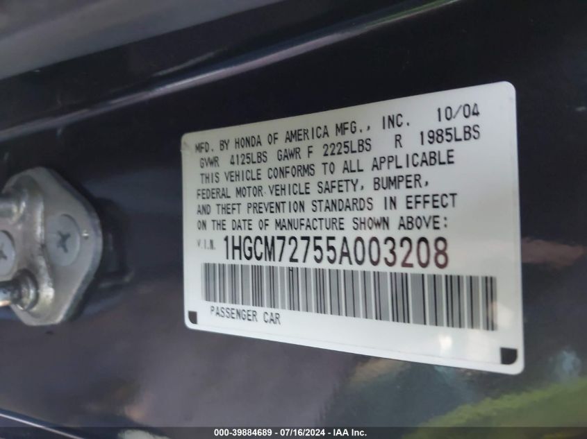 2005 Honda Accord 2.4 Ex VIN: 1HGCM72755A003208 Lot: 39884689