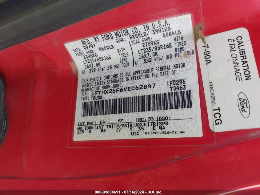 1997 Ford F-250 Xl VIN: 1FTHX26F6VEC62847 Lot: 39884691