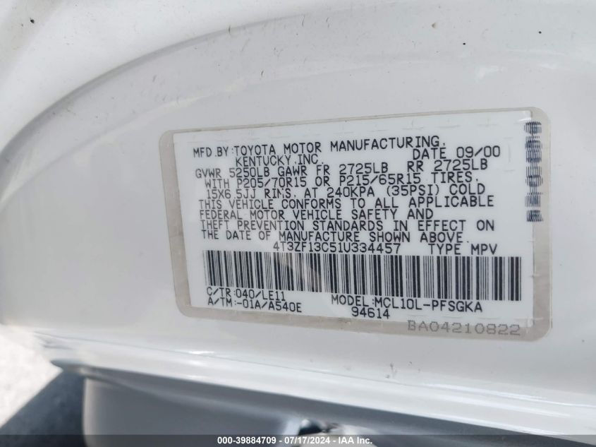 2001 Toyota Sienna Xle VIN: 4T3ZF13C51U334457 Lot: 39884709