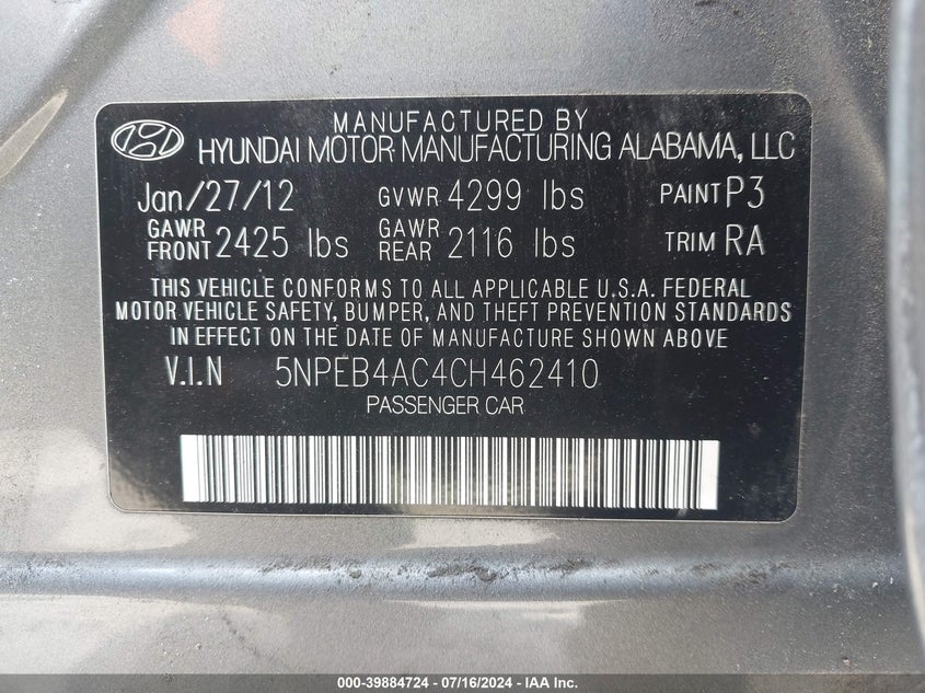 2012 Hyundai Sonata Gls VIN: 5NPEB4AC4CH462410 Lot: 39884724