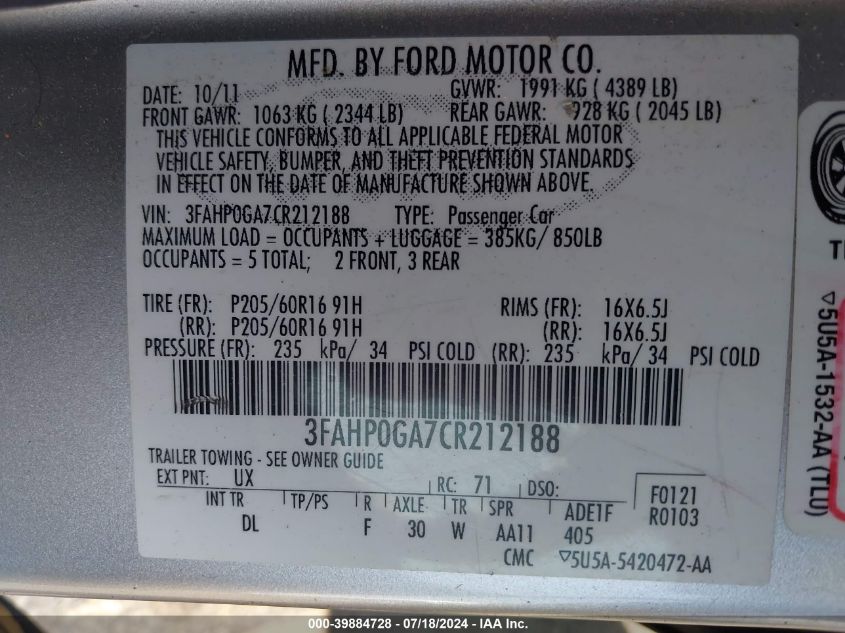 2012 Ford Fusion S VIN: 3FAHP0GA7CR212188 Lot: 39884728