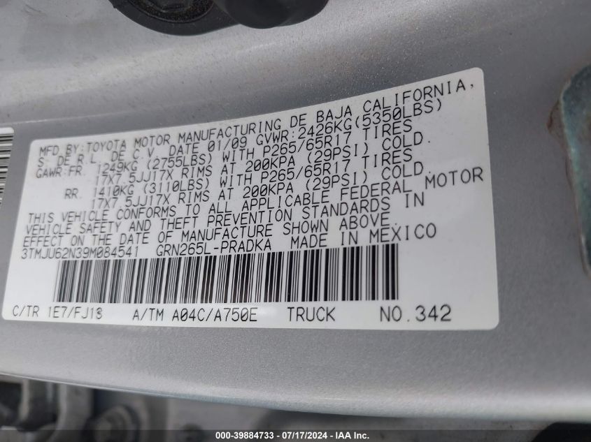 2009 Toyota Tacoma Double Cab Prerunner VIN: 3TMJU62N39M084541 Lot: 39884733