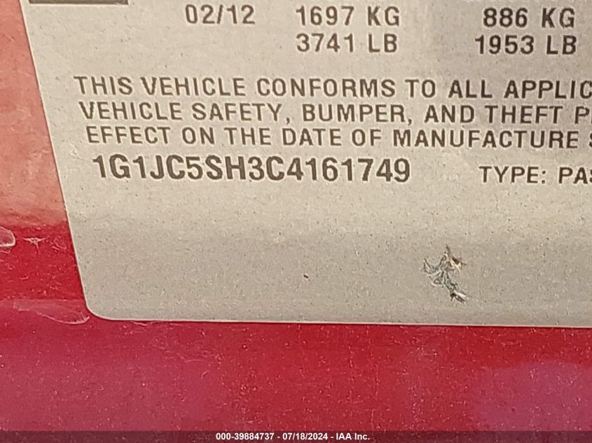 2012 Chevrolet Sonic 2Lt VIN: 1G1JC5SH3C4161749 Lot: 39884737