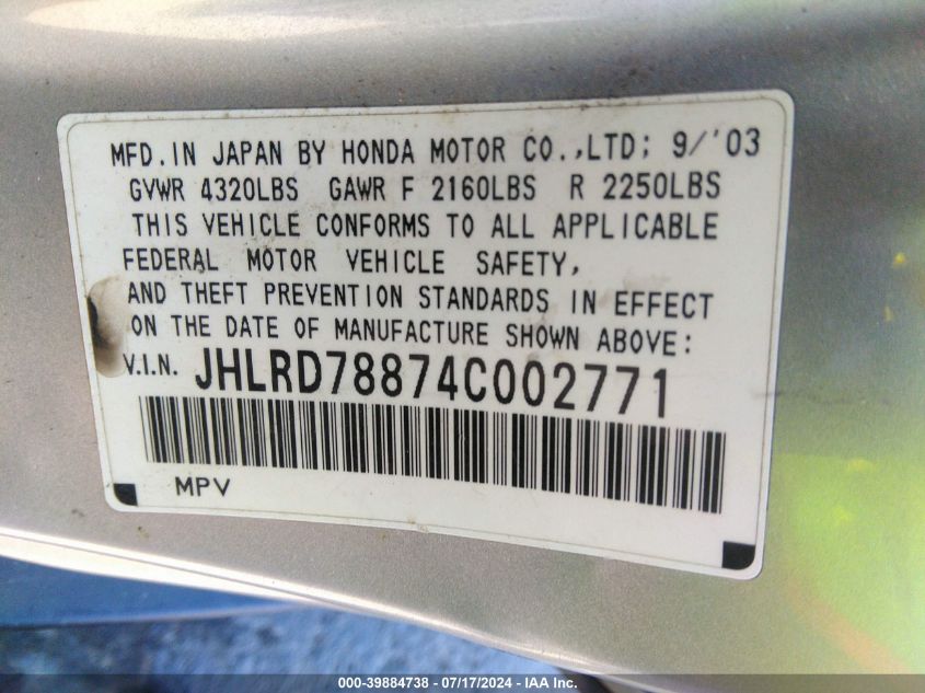 2004 Honda Cr-V Ex VIN: JHLRD78874C002771 Lot: 39884738