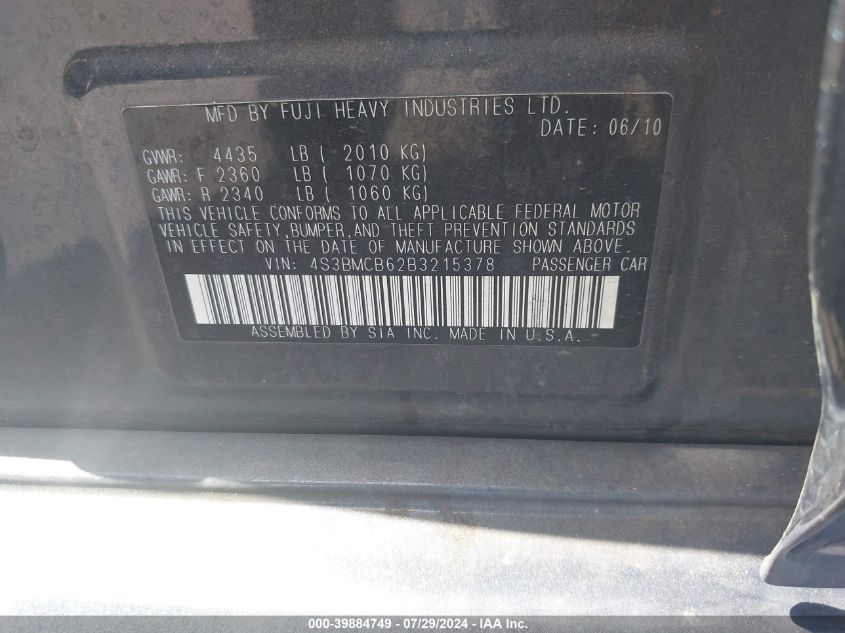 2011 Subaru Legacy 2.5I Premium VIN: 4S3BMCB62B3215378 Lot: 39884749