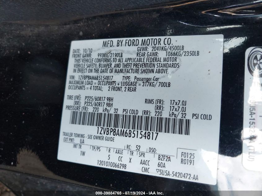 2011 Ford Mustang VIN: 1ZVBP8AM6B5154817 Lot: 39884765