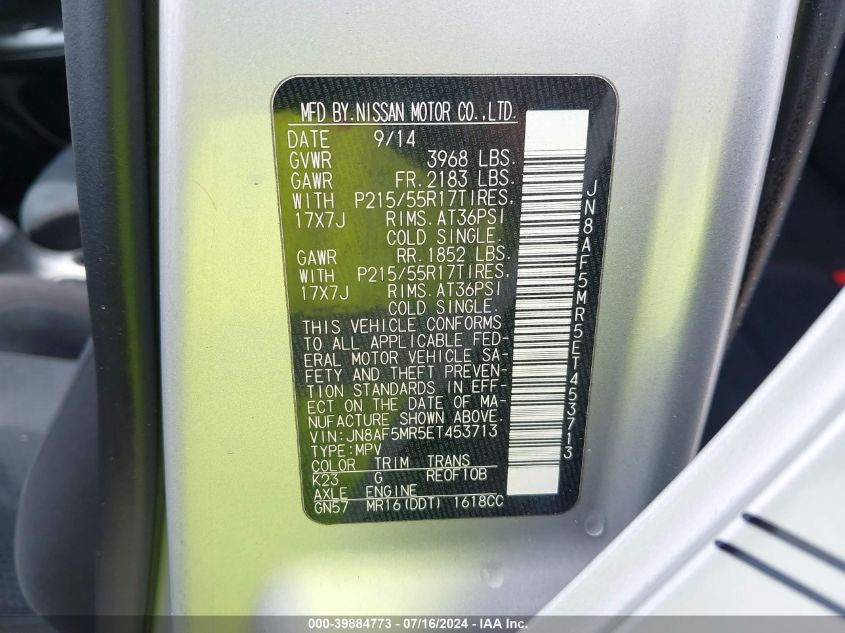 2014 Nissan Juke Sv VIN: JN8AF5MR5ET453713 Lot: 39884773