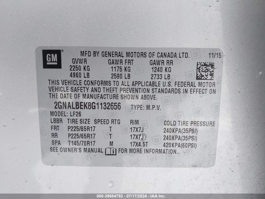 2016 Chevrolet Equinox Ls VIN: 2GNALBEK8G1132656 Lot: 39884792