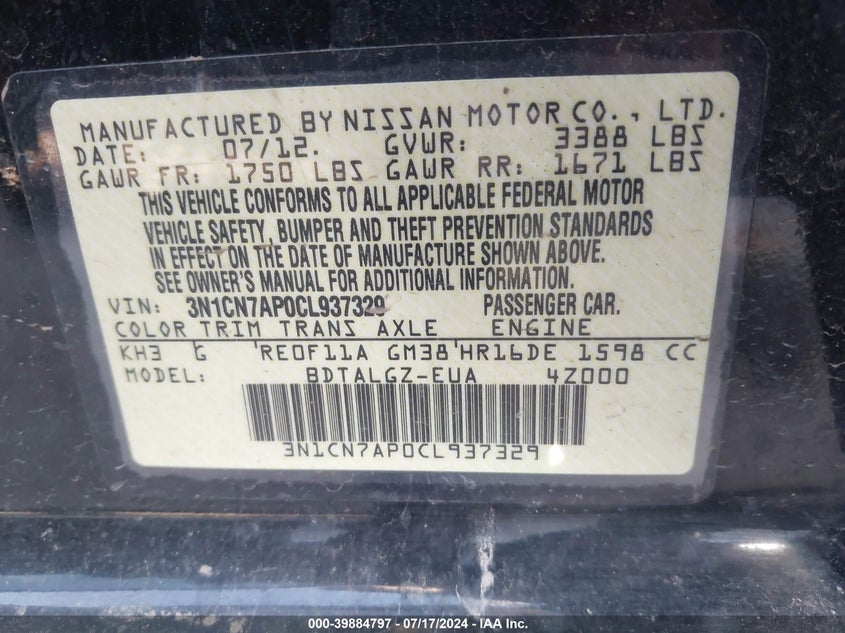 2012 Nissan Versa S/Sv/Sl VIN: 3N1CN7AP0CL937329 Lot: 39884797