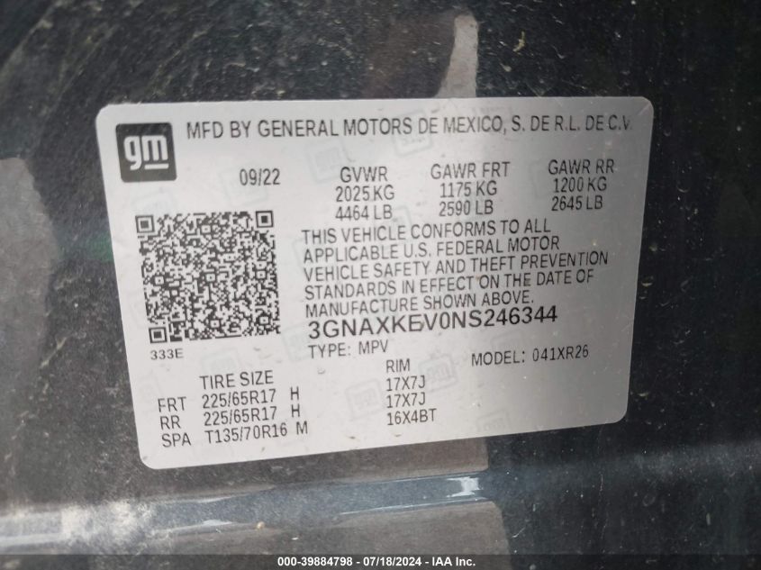 2022 Chevrolet Equinox Fwd Lt VIN: 3GNAXKEV0NS246344 Lot: 39884798