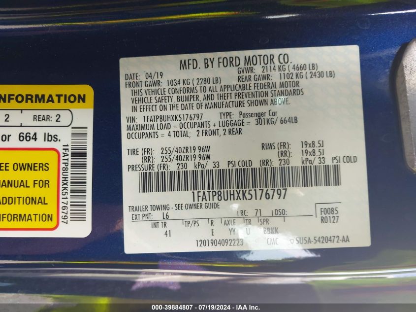 2019 Ford Mustang Ecoboost Premium VIN: 1FATP8UHXK5176797 Lot: 39884807