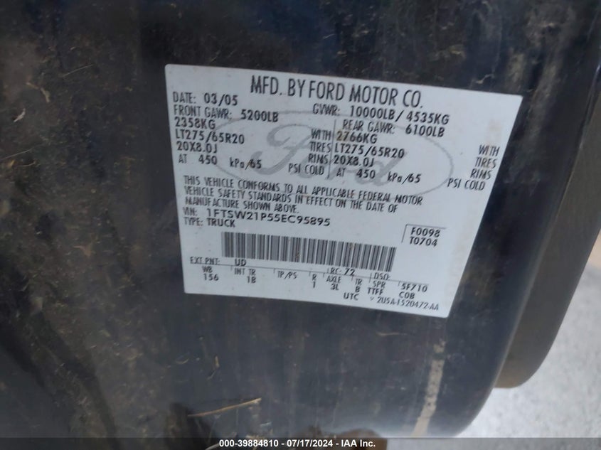 2005 Ford F-250 Lariat/Xl/Xlt VIN: 1FTSW21P55EC95895 Lot: 39884810