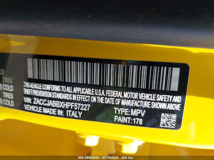 2017 Jeep Renegade Latitude VIN: ZACCJABBXHPF57227 Lot: 39884830