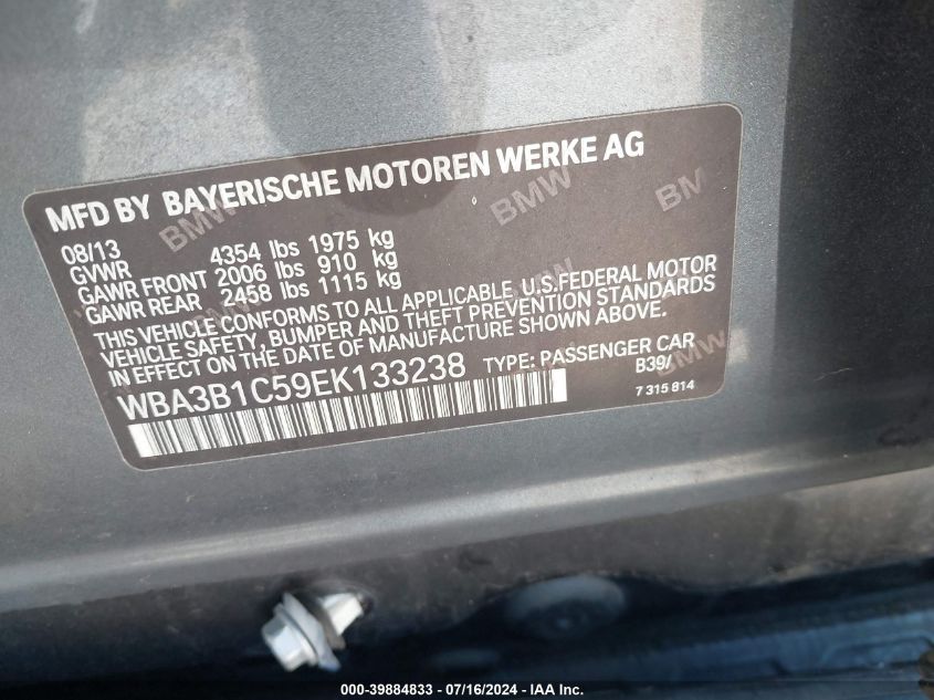 2014 BMW 320I VIN: WBA3B1C59EK133238 Lot: 39884833