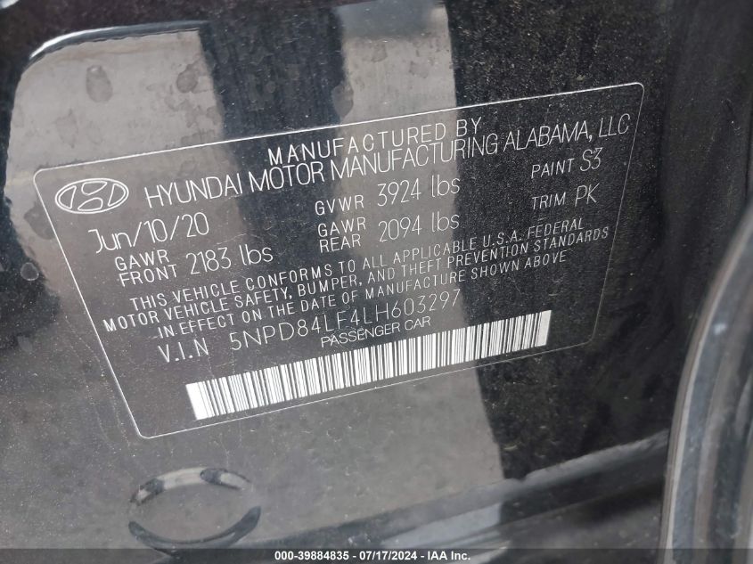 2020 HYUNDAI ELANTRA SEL/VALUE/LIMITED - 5NPD84LF4LH603297