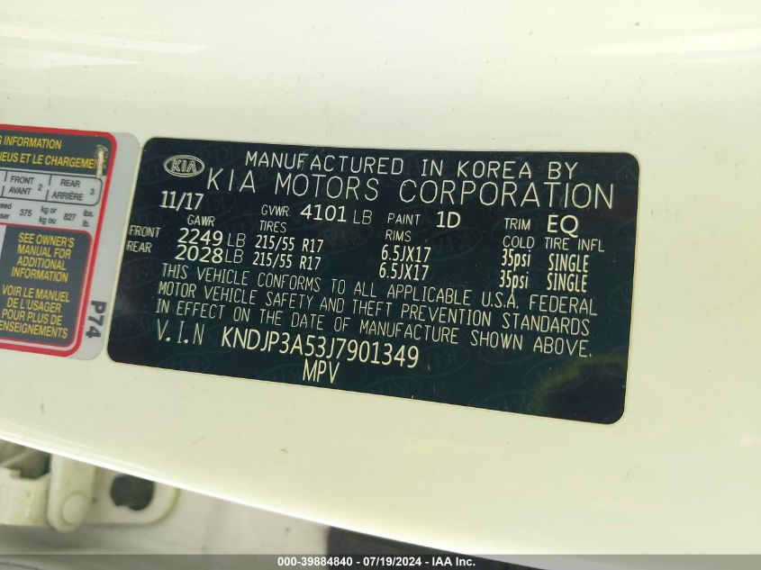 2018 Kia Soul + VIN: KNDJP3A53J7901349 Lot: 39884840