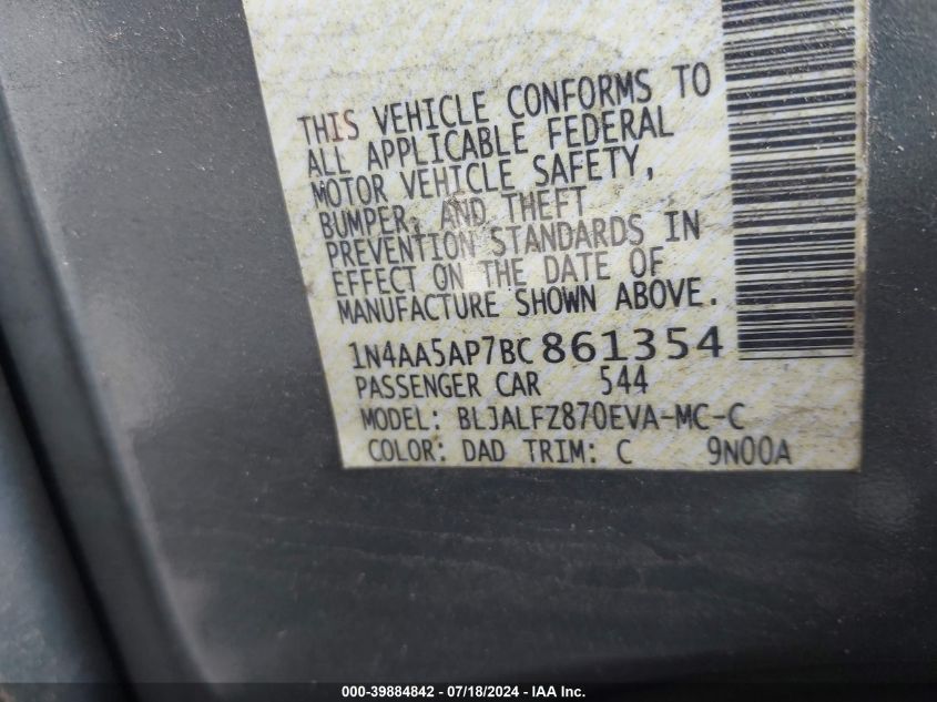 2011 Nissan Maxima 3.5 Sv VIN: 1N4AA5AP7BC861354 Lot: 39884842