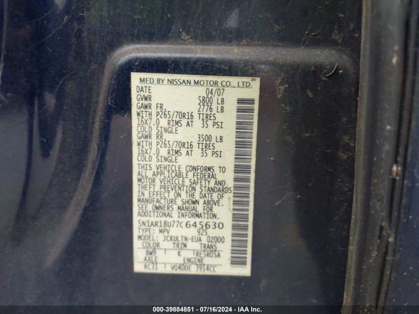 2007 Nissan Pathfinder Se VIN: 5N1AR18U77C645630 Lot: 39884851