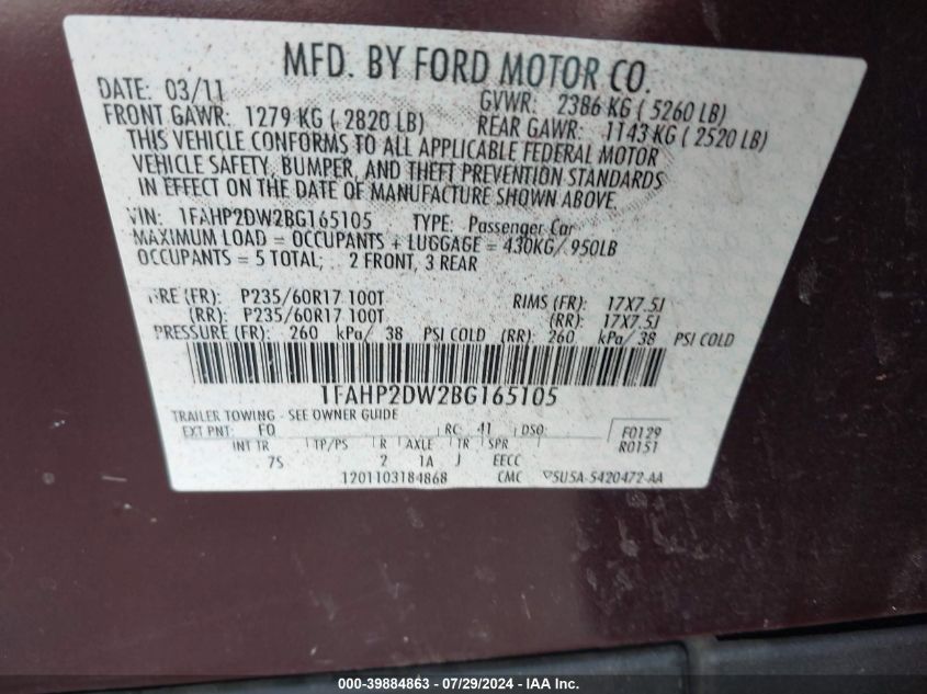 2011 Ford Taurus Se VIN: 1FAHP2DW2BG165105 Lot: 39884863