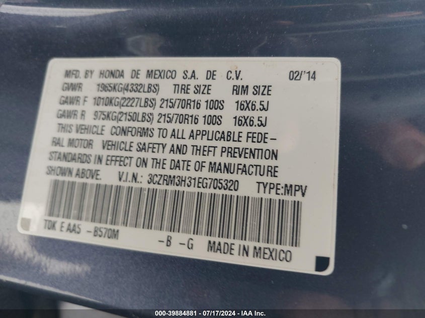 2014 Honda Cr-V Lx VIN: 3CZRM3H31EG705320 Lot: 39884881