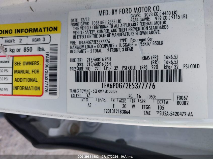 2014 Ford Fusion S VIN: 1FA6P0G72E5377776 Lot: 39884883