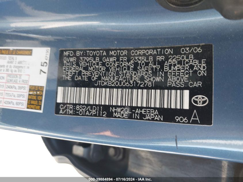 2006 Toyota Prius VIN: JTDKB20U063172781 Lot: 39884894