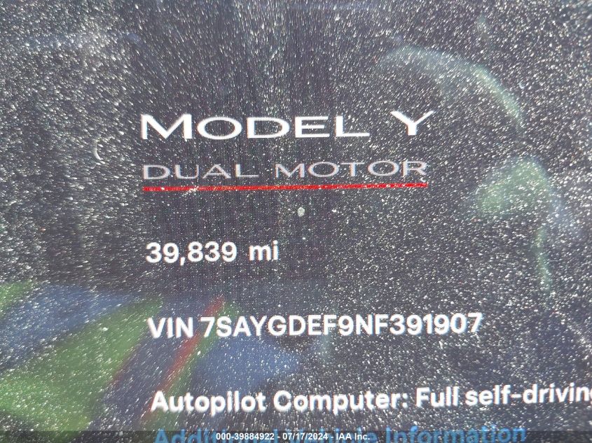 2022 TESLA MODEL Y PERFORMANCE DUAL MOTOR ALL-WHEEL DRIVE - 7SAYGDEF9NF391907