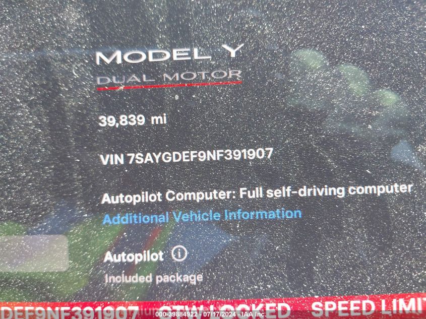 2022 Tesla Model Y Performance Dual Motor All-Wheel Drive VIN: 7SAYGDEF9NF391907 Lot: 39884922