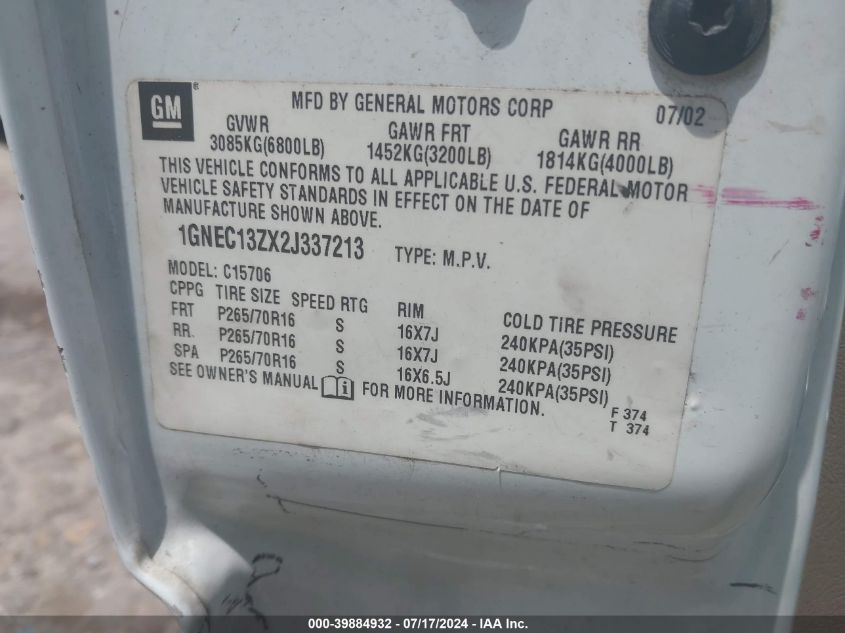 2002 Chevrolet Tahoe Lt VIN: 1GNEC13ZX2J337213 Lot: 39884932