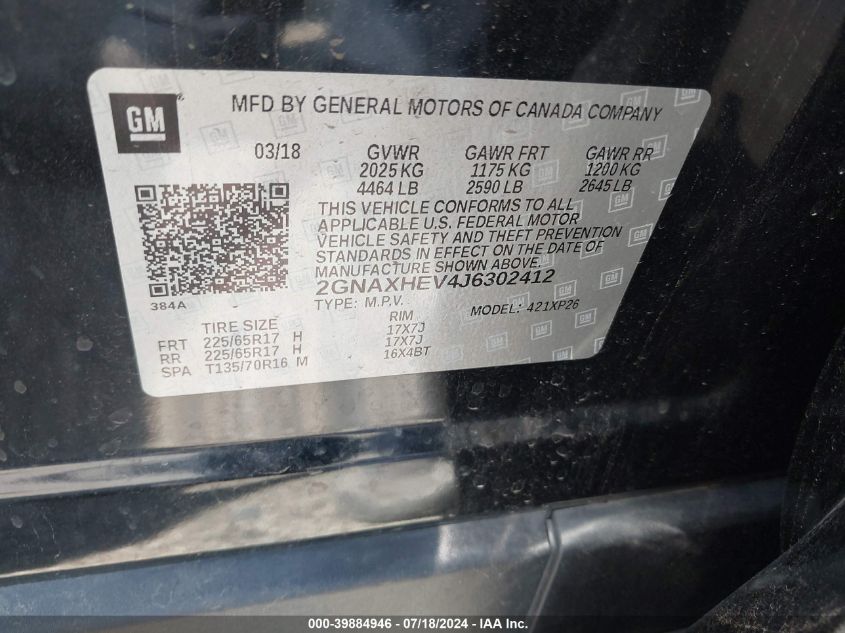 2018 Chevrolet Equinox Ls VIN: 2GNAXHEV4J6302412 Lot: 39884946