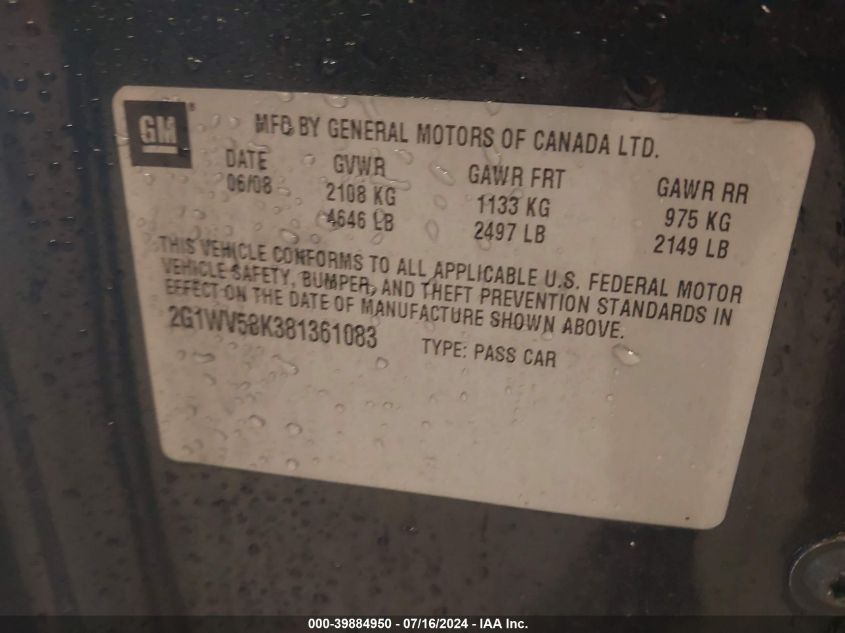 2008 Chevrolet Impala Lt VIN: 2G1WV58K381361083 Lot: 39884950