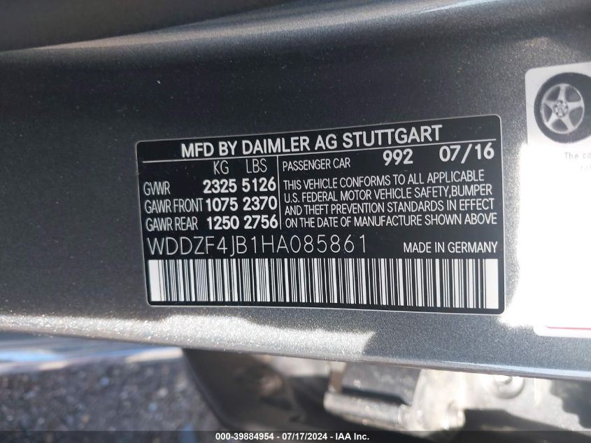 VIN WDDZF4JB1HA085861 2017 MERCEDES-BENZ E 300