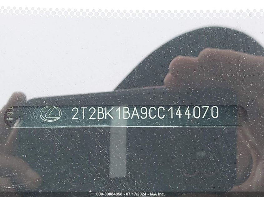 2012 Lexus Rx 350 350 VIN: 2T2BK1BA9CC144070 Lot: 39884958