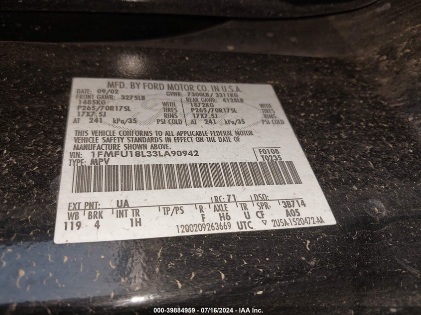 2003 Ford Expedition Eddie Bauer VIN: 1FMFU18L33LA90942 Lot: 39884959